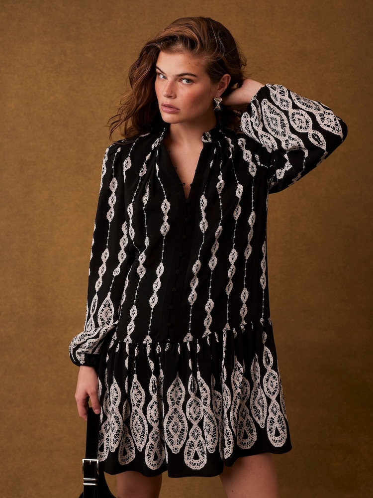 Mint Velvet Black Crochet Print Mini Dress - Image 1 of 7