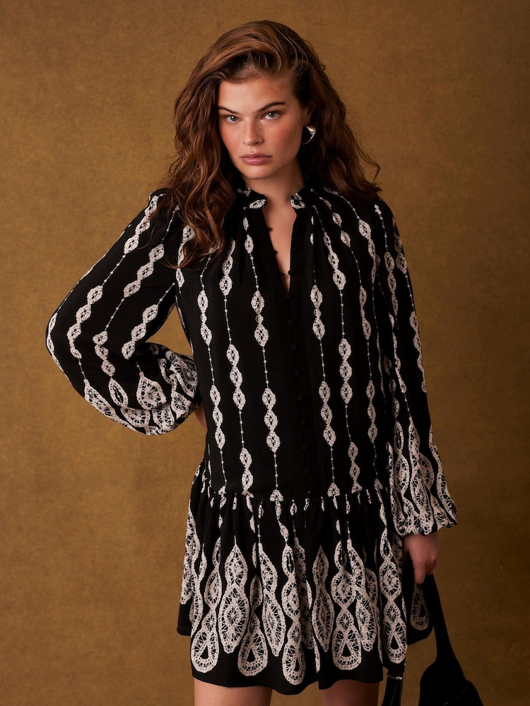 Mint Velvet Black Crochet Print Mini Dress - Image 2 of 7 Mint Velvet Black Crochet Print Mini Dress - Image 2 of 7