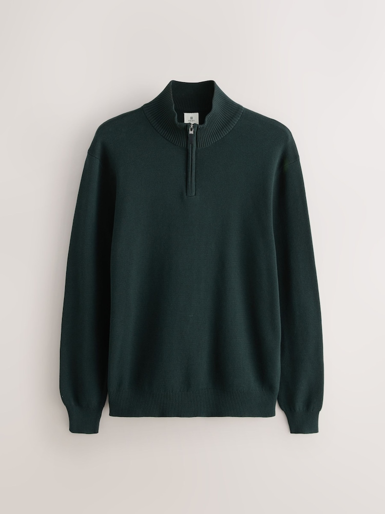 Dark Green Plain Regular Fit Premium Quarter Zip Jumper - Image 2 of 4