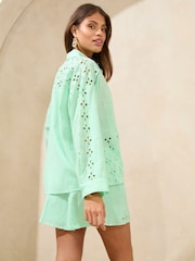 Lipsy Green Relaxed Fit Broderie Beach 100% Cotton Shirt - Image 3 of 4