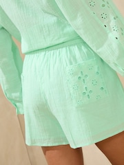 Lipsy Green 100% Cotton Broderie Beach Shorts - Image 4 of 4
