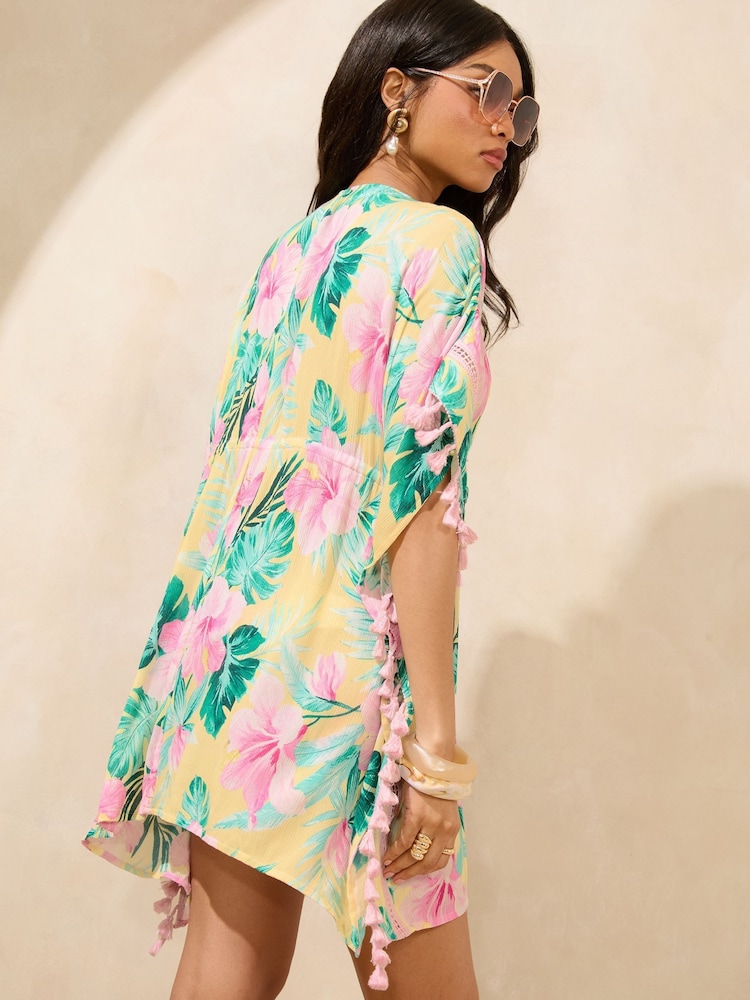 Желтый с цветами - Lipsy Lace Insert Mini Kimono - Image 2 of 5