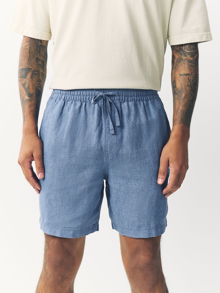 Blue 100% Linen Drawstring Waist Shorts - Image 1 of 9