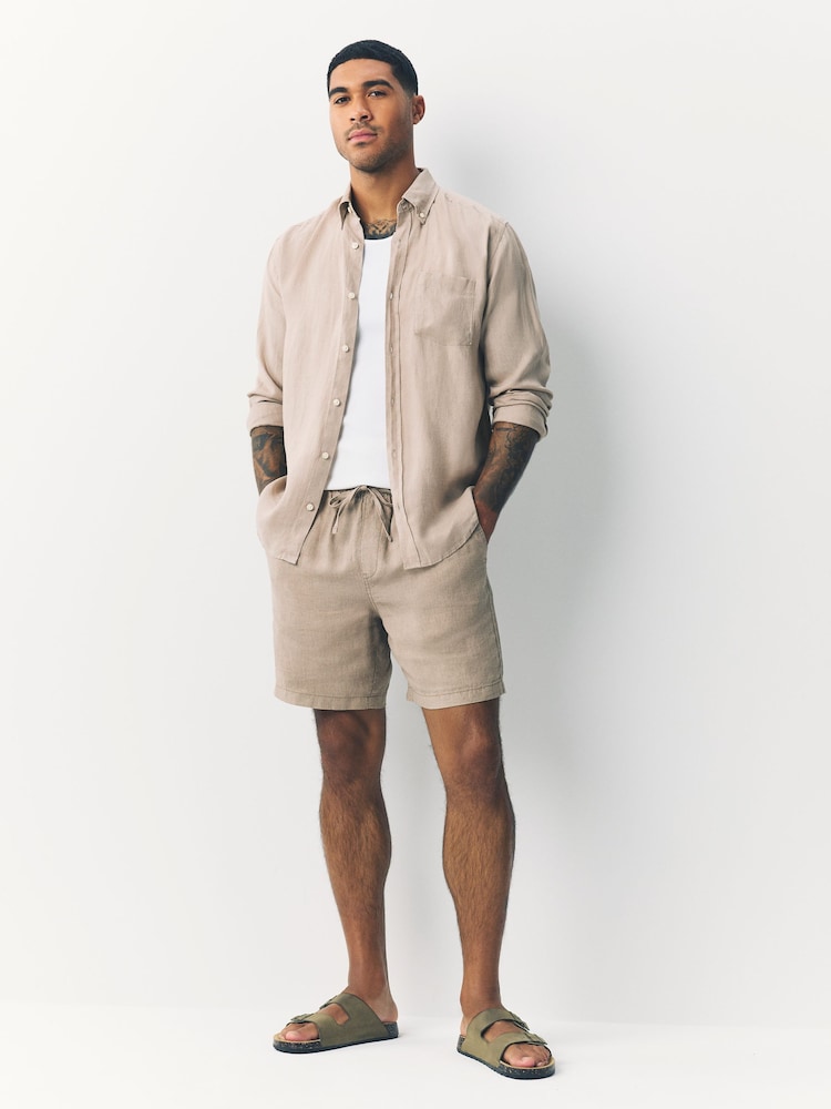 Stone 100% Linen Drawstring Waist Shorts - Image 1 of 8