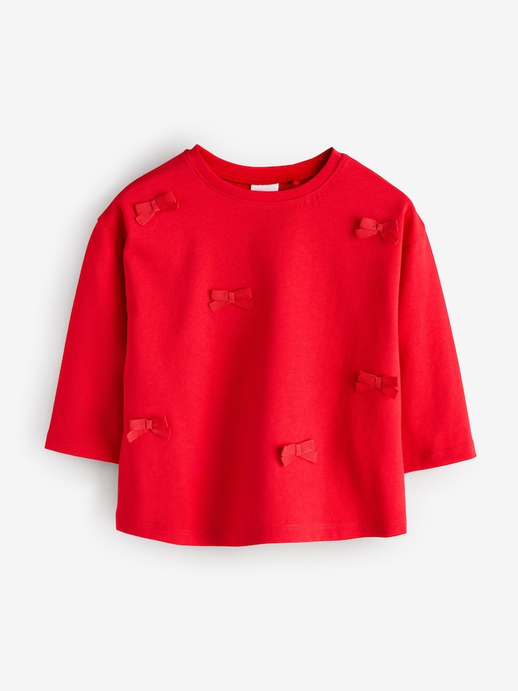 Red Pure Cotton Bow Print Long Sleeve T-Shirt - Image 1 of 1
