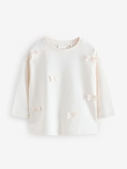 Ecru White Pure Cotton Bow Print Long Sleeve T-Shirt - Image 1 of 1