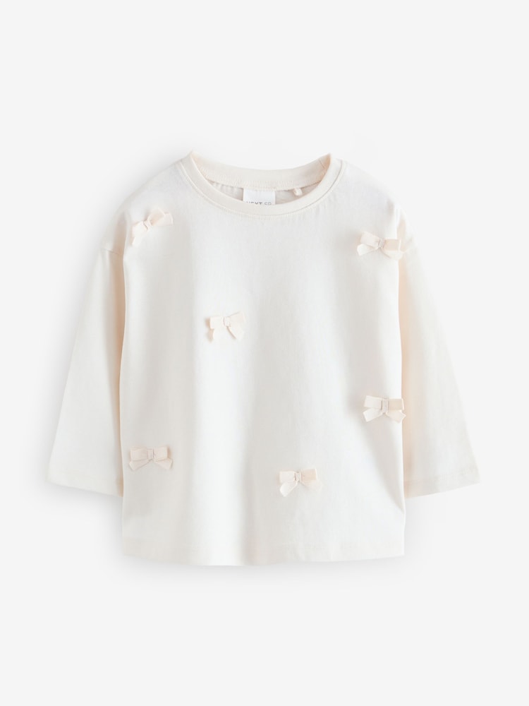 Ecru White Pure Cotton Bow Print Long Sleeve T-Shirt - Image 1 of 1