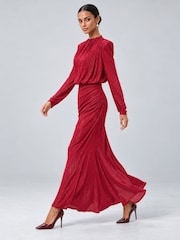 Jolie Moi Red High Neck Ruched Shimmer Maxi Dress - Image 1 of 6