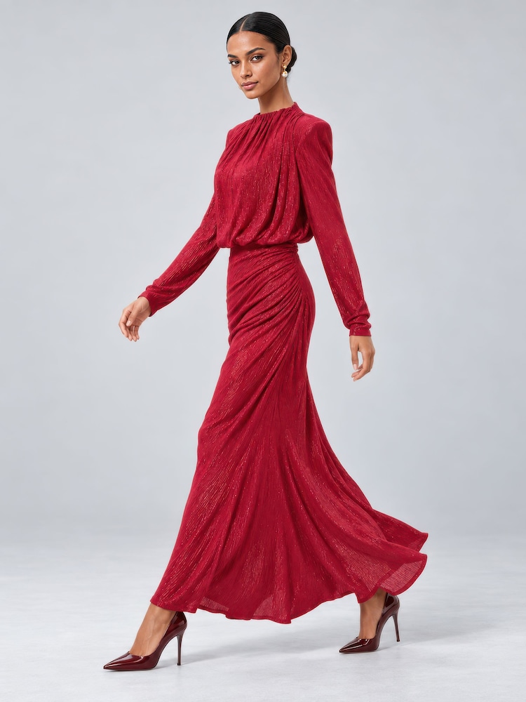 Jolie Moi Red High Neck Ruched Shimmer Maxi Dress - Image 1 of 6 Jolie Moi Red High Neck Ruched Shimmer Maxi Dress - Image 1 of 6
