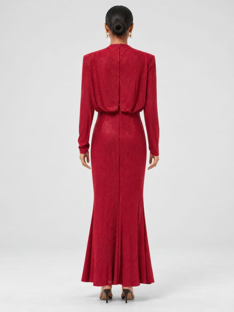 Jolie Moi Red High Neck Ruched Shimmer Maxi Dress - Image 2 of 6 Jolie Moi Red High Neck Ruched Shimmer Maxi Dress - Image 2 of 6