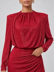 Jolie Moi Red High Neck Ruched Shimmer Maxi Dress - Image 3 of 6