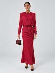 Jolie Moi Red High Neck Ruched Shimmer Maxi Dress - Image 4 of 6