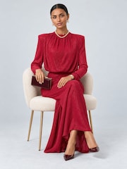 Jolie Moi Red High Neck Ruched Shimmer Maxi Dress - Image 5 of 6