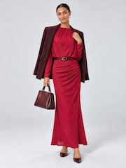 Jolie Moi Red High Neck Ruched Shimmer Maxi Dress - Image 6 of 6