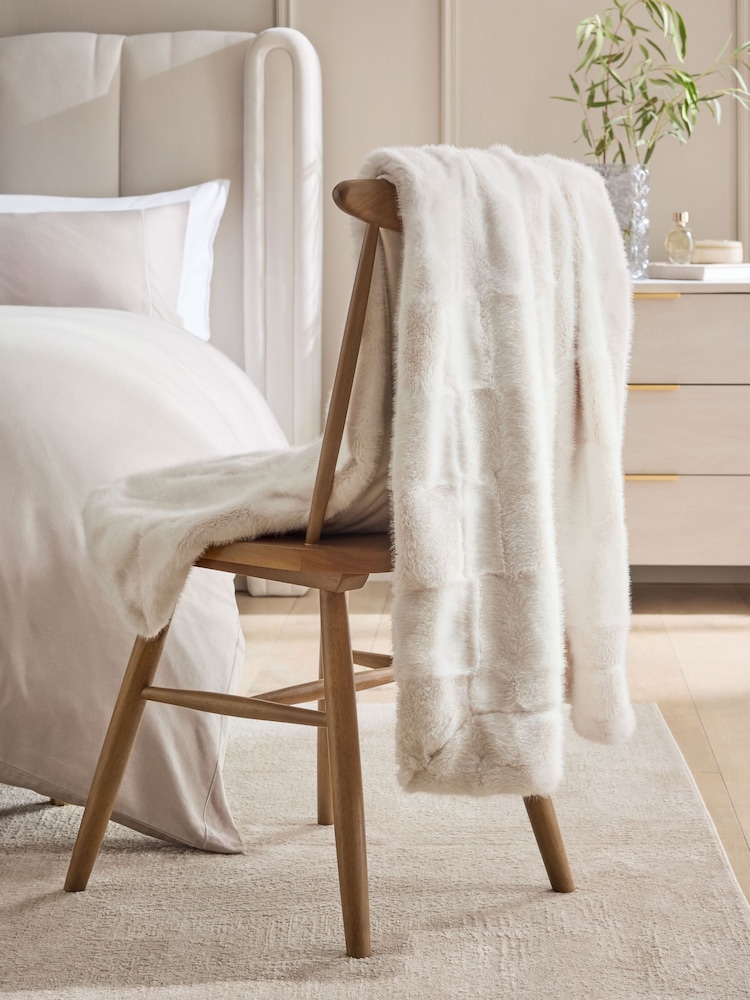 Ivory Textured Faux Fur Check Throw - Image 2 of 6