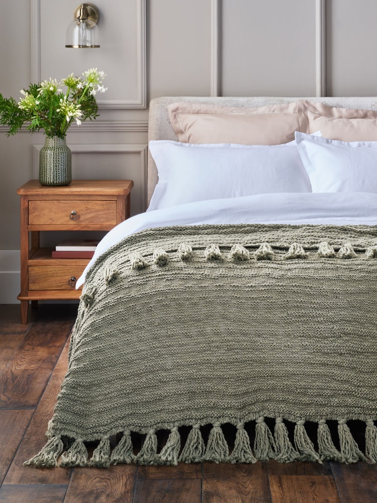 Sage Green Tassel Knit Throw - Image 1 of 4 Sage Green Tassel Knit Throw - Image 1 of 4