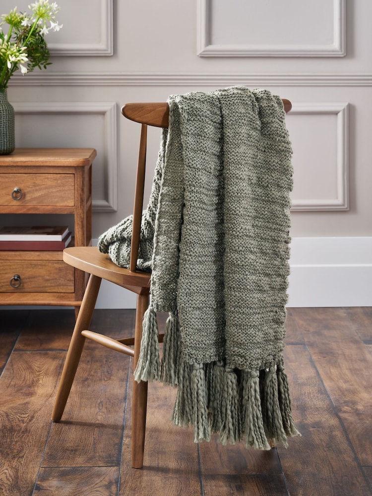 Sage Green Tassel Knit Throw - Image 2 of 4