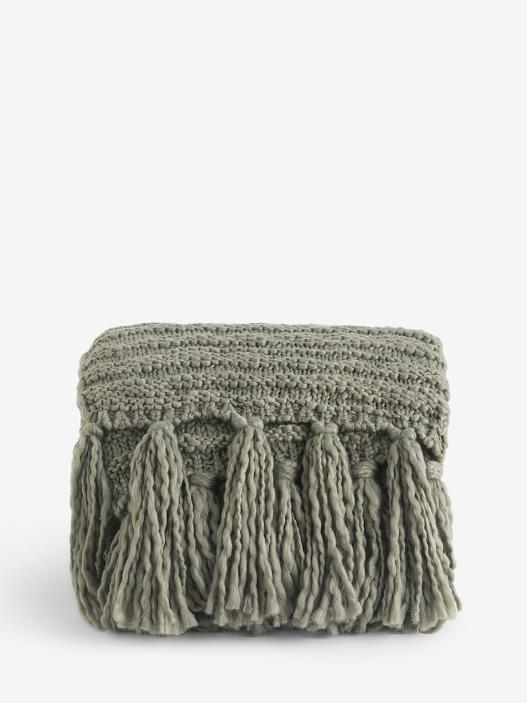Sage Green Tassel Knit Throw - Image 4 of 4