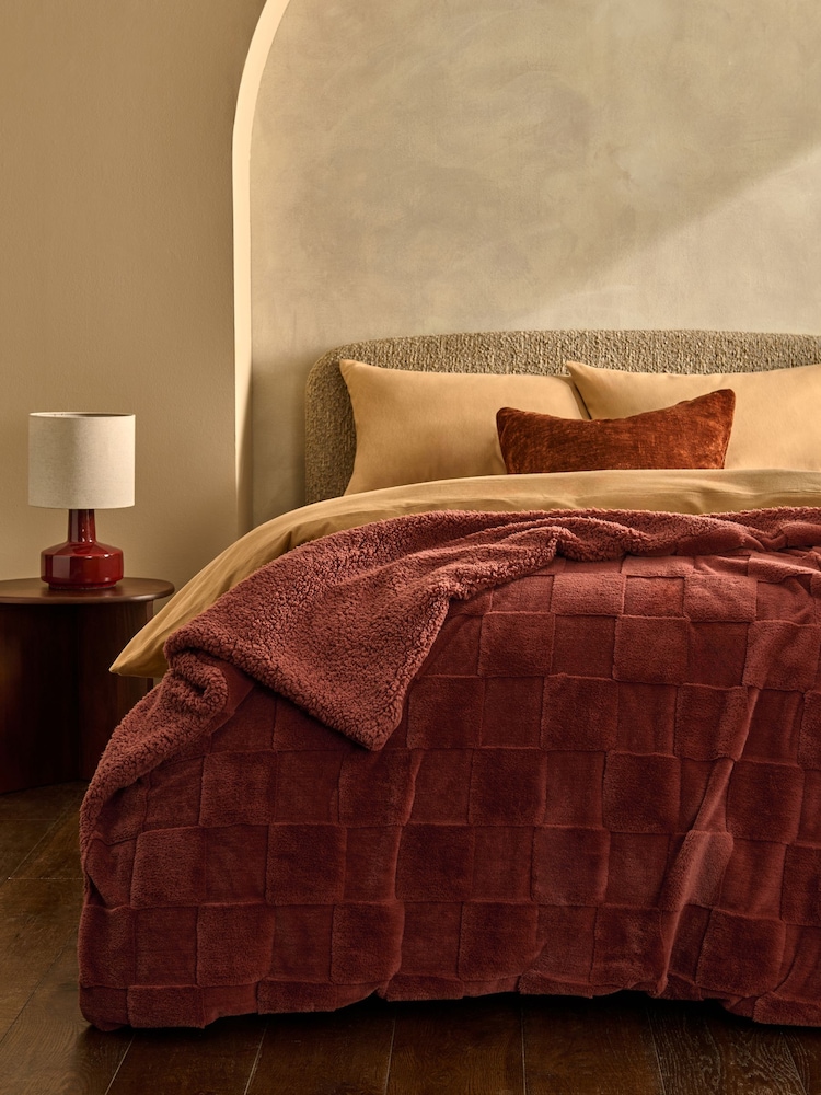 Orange Jasper Checkerboard Cosy Fleece Reverse Throw - Image 1 of 4 Orange Jasper Checkerboard Cosy Fleece Reverse Throw - Image 1 of 4