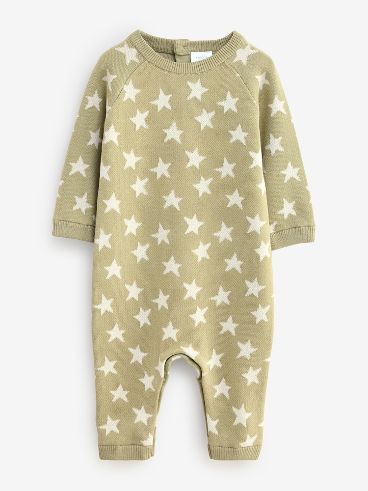 Green All-Over Star Printed Knitted Rompersuit - Image 1 of 1
