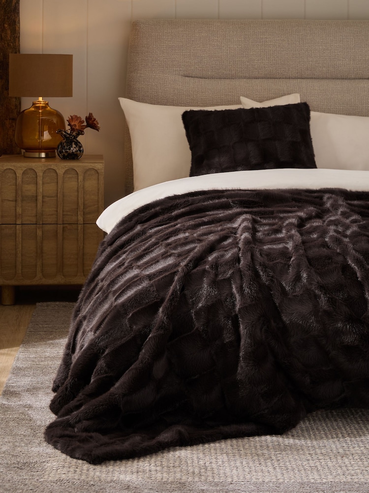 Brown Textured Faux Fur Check Throw - Image 1 of 4