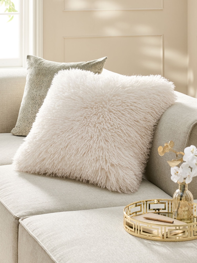 Ivory 59 x 59cm Mongolian Faux Fur Cushion - Image 1 of 5