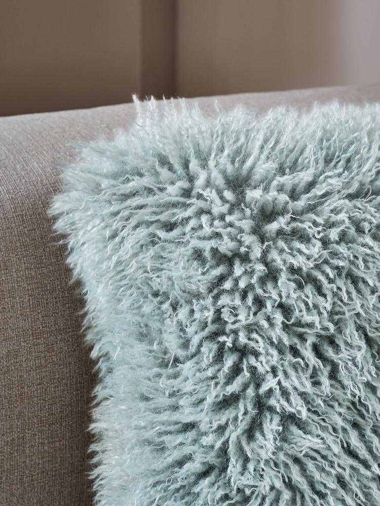 Light Blue 43 x 43cm Mongolian Faux Fur Cushion - Image 2 of 5 Light Blue 43 x 43cm Mongolian Faux Fur Cushion - Image 2 of 5