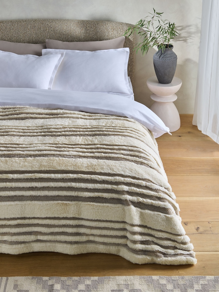 Dark Natural Carved Stripe Faux Fur Throw - Image 1 of 5