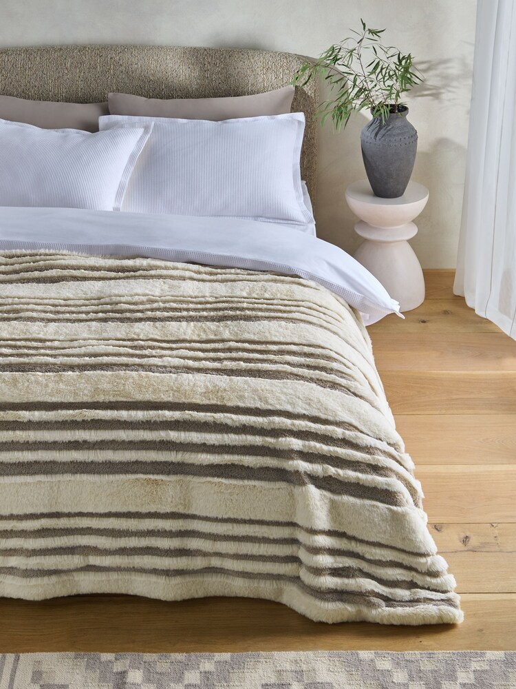 Dark Natural Carved Stripe Faux Fur Throw - Image 1 of 5 Dark Natural Carved Stripe Faux Fur Throw - Image 1 of 5
