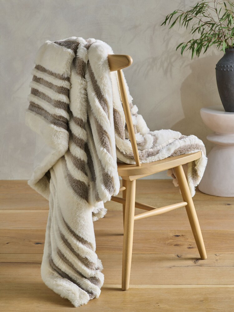 Dark Natural Carved Stripe Faux Fur Throw - Image 2 of 5 Dark Natural Carved Stripe Faux Fur Throw - Image 2 of 5