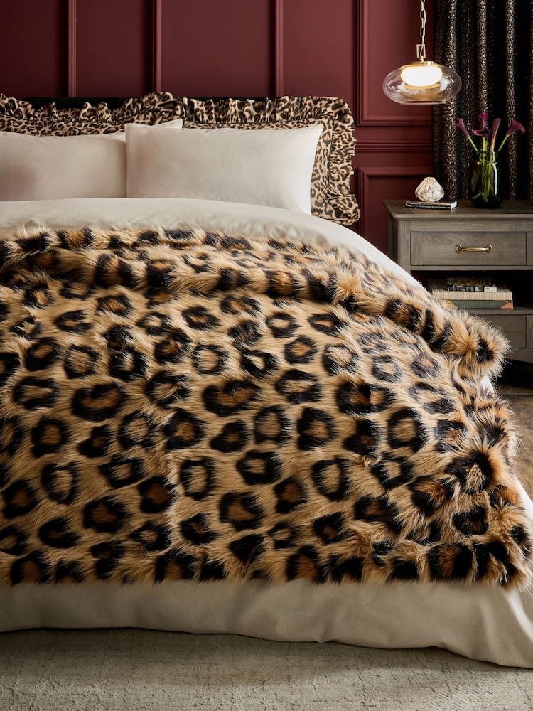 Brown Long Leopard Print Faux Fur Throw - Image 1 of 5 Brown Long Leopard Print Faux Fur Throw - Image 1 of 5