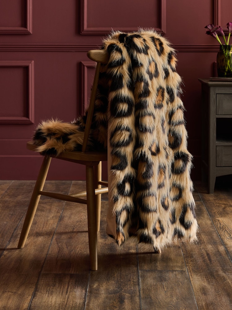Brown Long Leopard Print Faux Fur Throw - Image 2 of 5 Brown Long Leopard Print Faux Fur Throw - Image 2 of 5