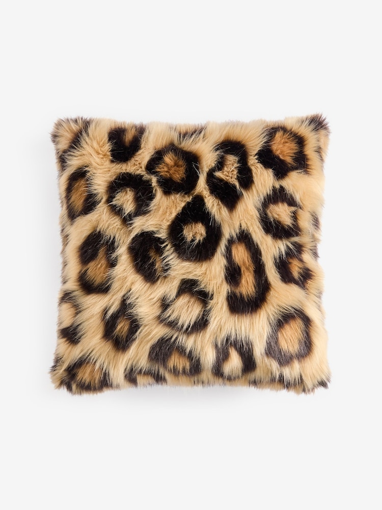 Brown 50 x 50cm Long Leopard Print Faux Fur Cushion - Image 2 of 5 Brown 50 x 50cm Long Leopard Print Faux Fur Cushion - Image 2 of 5