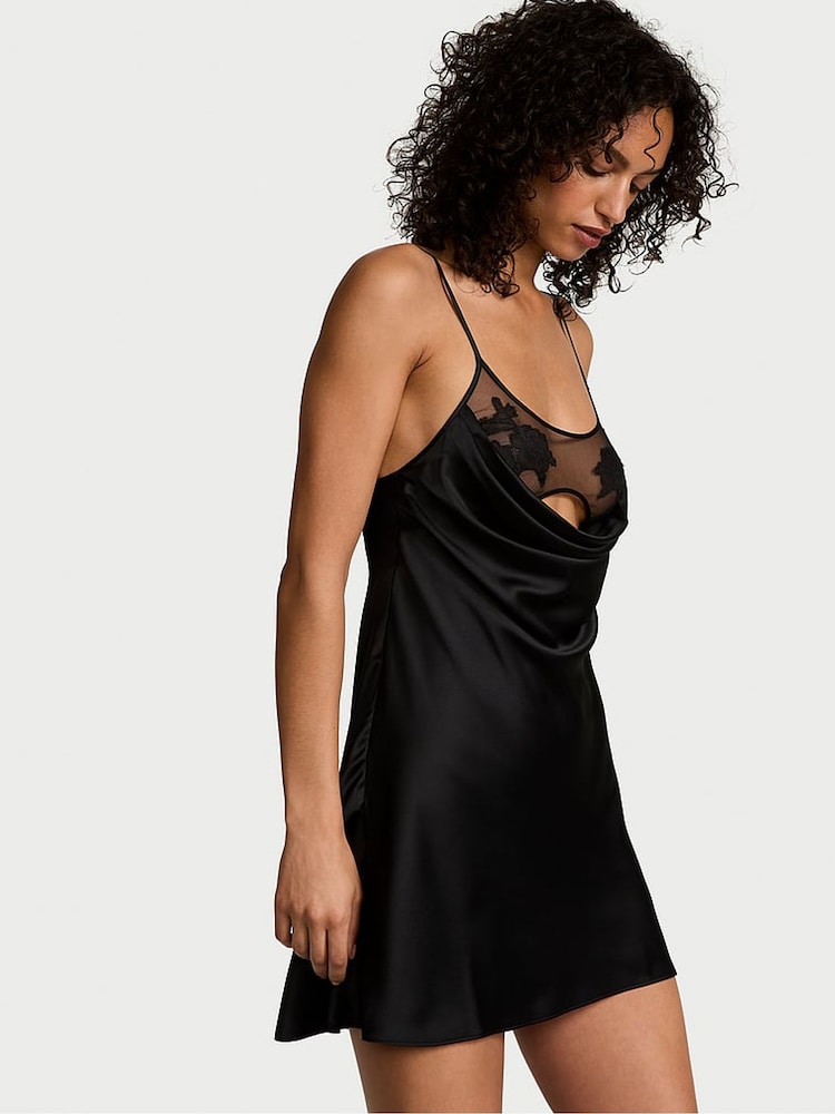 Victoria's Secret Black Sheer Rose Satin Mini Slip Dress - Image 1 of 3