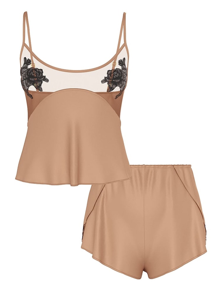 Victoria's Secret Praline Nude Sheer Rose Satin Cami Set - Image 3 of 3