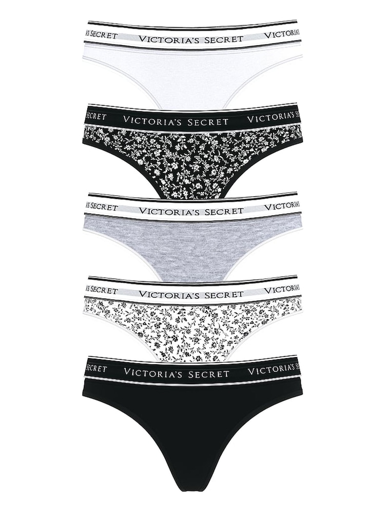Victoria's Secret White/Grey/Black Thong Logo 5 Pack Knickers - Image 1 of 2