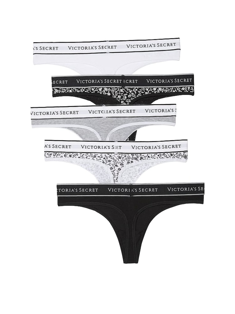 Victoria's Secret White/Grey/Black Thong Logo 5 Pack Knickers - Image 2 of 2