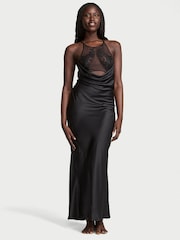Victoria's Secret Black Sheer Rose Satin High Neck Long Slip Dress - Image 1 of 4