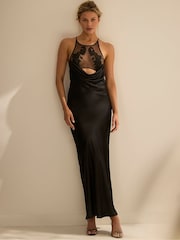 Victoria's Secret Black Sheer Rose Satin High Neck Long Slip Dress - Image 3 of 4