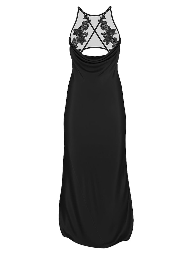 Victoria's Secret Black Sheer Rose Satin High Neck Long Slip Dress - Image 4 of 4