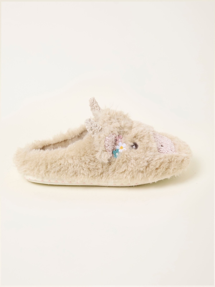 FatFace Hettie Natural Highland Cow Novelty Slippers - Image 1 of 3