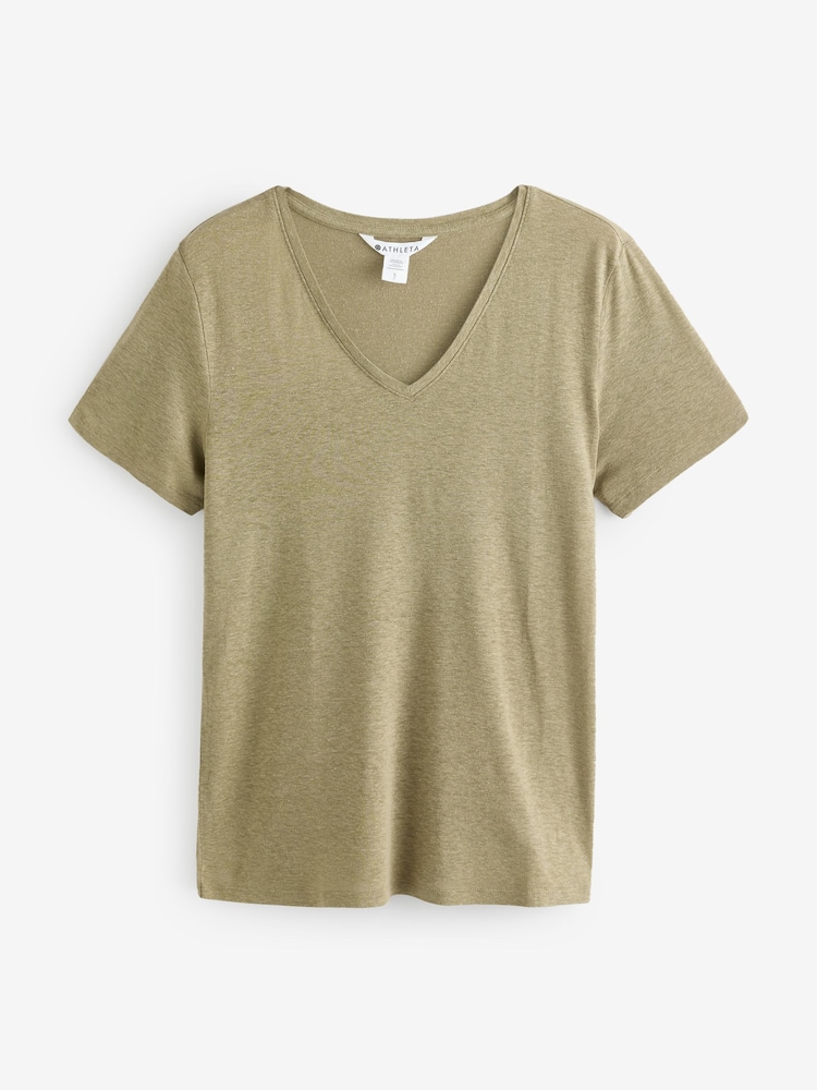Athleta Green Getaway Linen Blend V-Neck Tee - Image 1 of 4