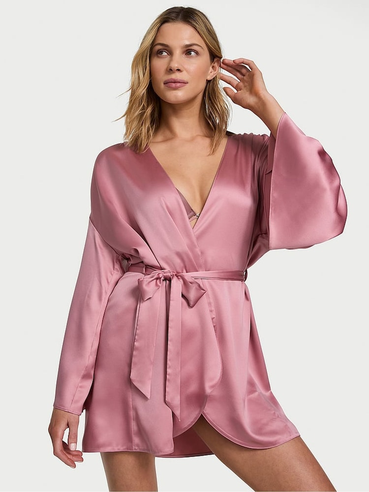 Victoria's Secret Dusk Mauve Pink Satin Short Robe - Image 1 of 2 Victoria's Secret Dusk Mauve Pink Satin Short Robe - Image 1 of 2
