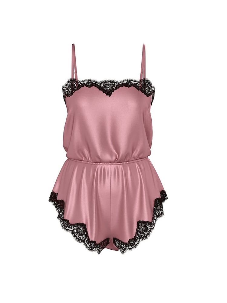 Victoria's Secret Pink Rose Satin Lace-Trim Playsuit - Image 1 of 2