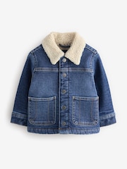 Denim Dark Wash Linen Blend Borg Collared Jacket - Image 1 of 1