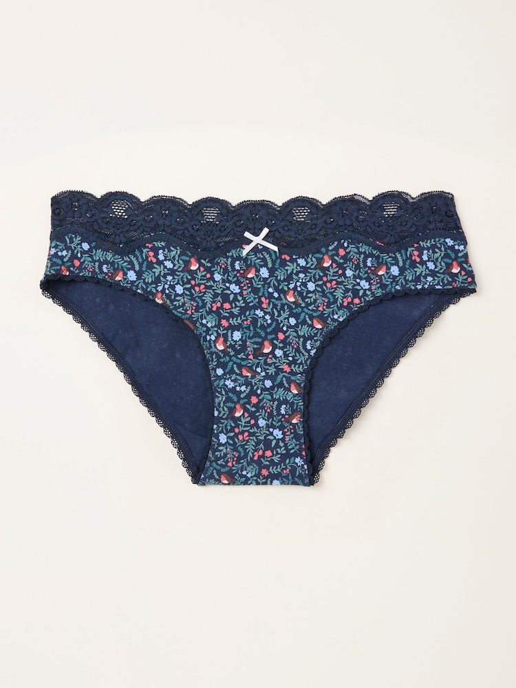 FatFace Navy Robin Print Classic Knickers - Image 1 of 2 FatFace Navy Robin Print Classic Knickers - Image 1 of 2