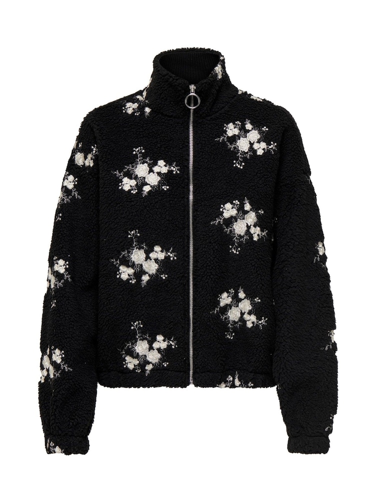 ONLY Black Zip Up Embroidered Teddy Fleece Jacket - Image 2 of 3