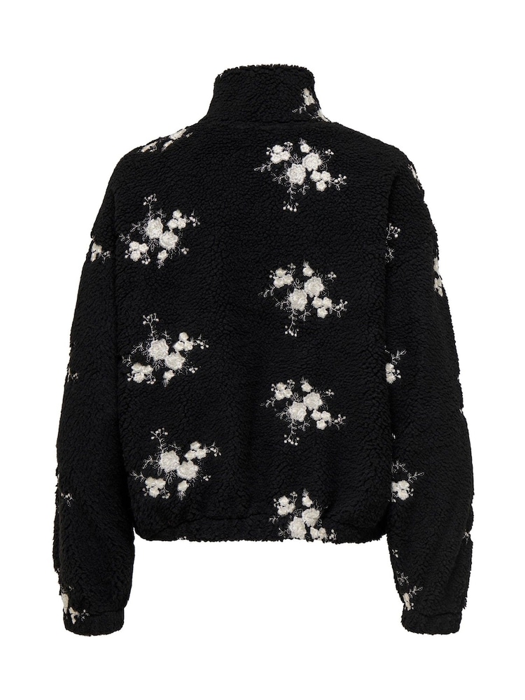 ONLY Black Zip Up Embroidered Teddy Fleece Jacket - Image 3 of 3