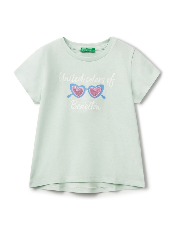أخضر - Benetton Girls Short Sleeve Sequin 100% Cotton T-Shirt (2-6 yrs) - صورة 1 من 3