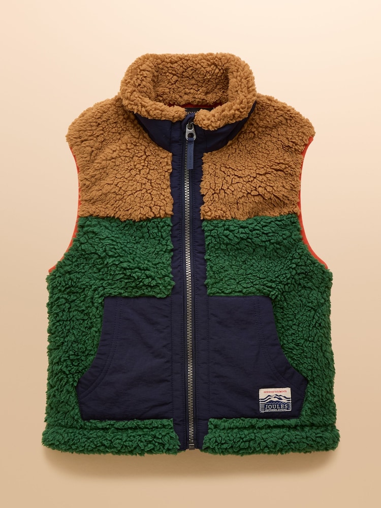 Joules Boys' Billy Green and Tan Colourblock Fleece Gilet - Image 1 of 4 Joules Boys' Billy Green and Tan Colourblock Fleece Gilet - Image 1 of 4